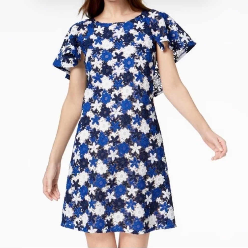 Calvin Klein Blue & White Floral Lace Cape Sleeve Dress - Size 10